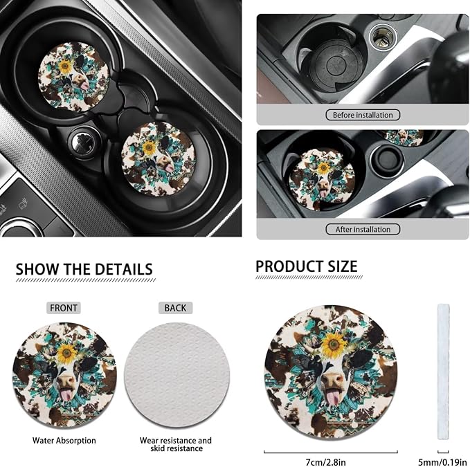 Funny Cow 13 Pcs Car Seat Covers with Steering Wheel Cover,Seat Belt Covers Cup Holder with Keychain Novelty Automotive Protector Set Universal Fit Automotive Most Cars