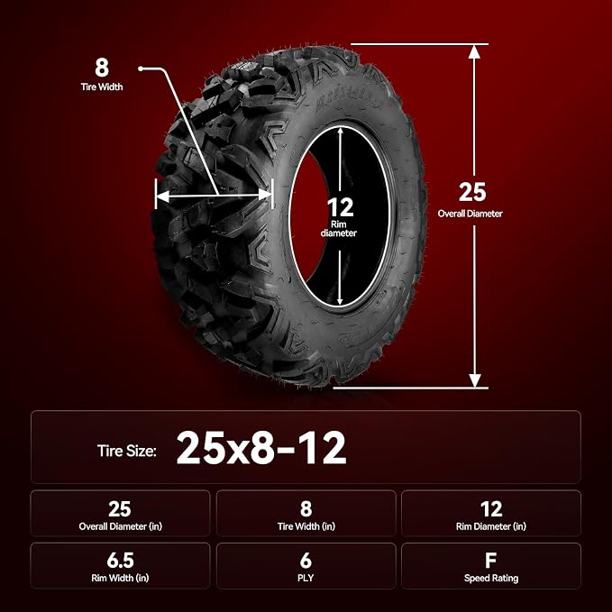 Torchbeam 25x8-12 ATV UTV Tires All-Terrain Quad Tire for All Trail Mud Pavement Sand Off-Road Tire,6 Ply, 1 pack