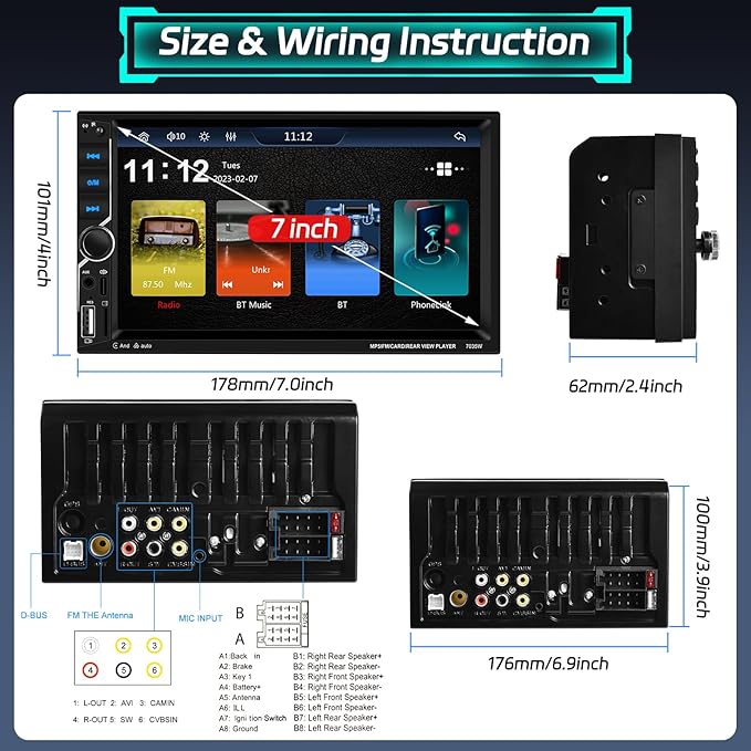 Motoris 7" Car Stereo with Wireless CarPlay & Android Auto, 4+64G Retactable Touchscreen Bluetooth Radio with GPS, Mirror Link, WiFi, Dual USB, Split-Screen, FM Radio, EQ, SWC + Backup Camera