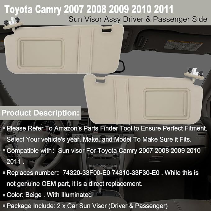 NHILES Driver & Passenger Side Sun Visor Fits for Toyota Camry 2007 2008 2009 2010 2011 Replacement Sun Shade with Light # 74320-33F00-E0 74310-33F30-E0 (Beige)