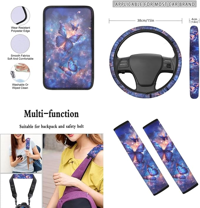 Mumeson Butterfly Galaxy Pattern Car Seat Covers 8 Pack Auto Interior Decor Set 2 Piece Car Seat Covers with Non-Slip Steering Wheel Covers 2 Pcs Seatbelt Covers Cushion Car Armrest Cover Pad