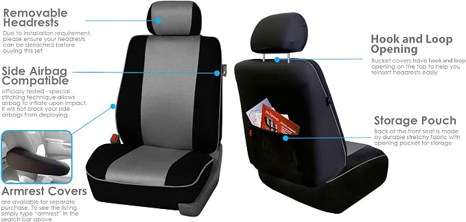 FH Group Car Seat Covers Three Row 7 Seater Cloth Car Seat Covers with Piping (Airbag and Split Ready) - Universal Fit for Cars Trucks & SUVs Gray/Black