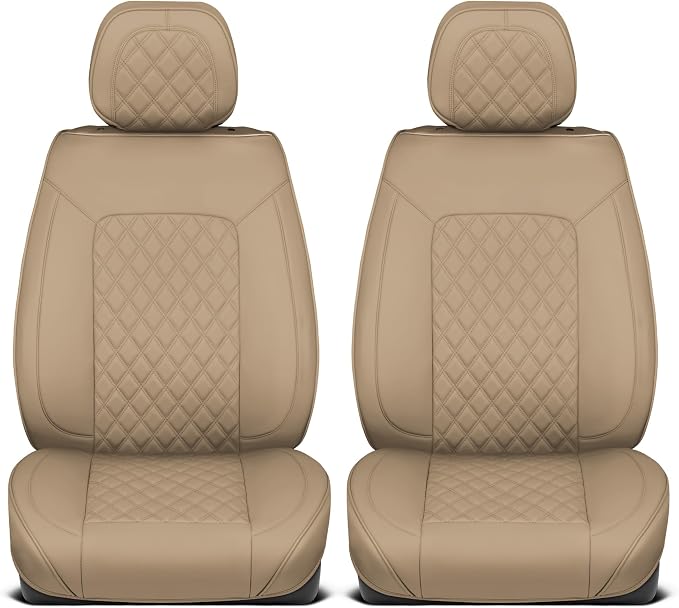 MotorBox Haven Series Napa Leather Seat Covers for Cars, Lux Edition Diamond Stitched Front Seat Covers, Premium PU Leatherette Beige Car Seat Covers for Cars Trucks SUVs