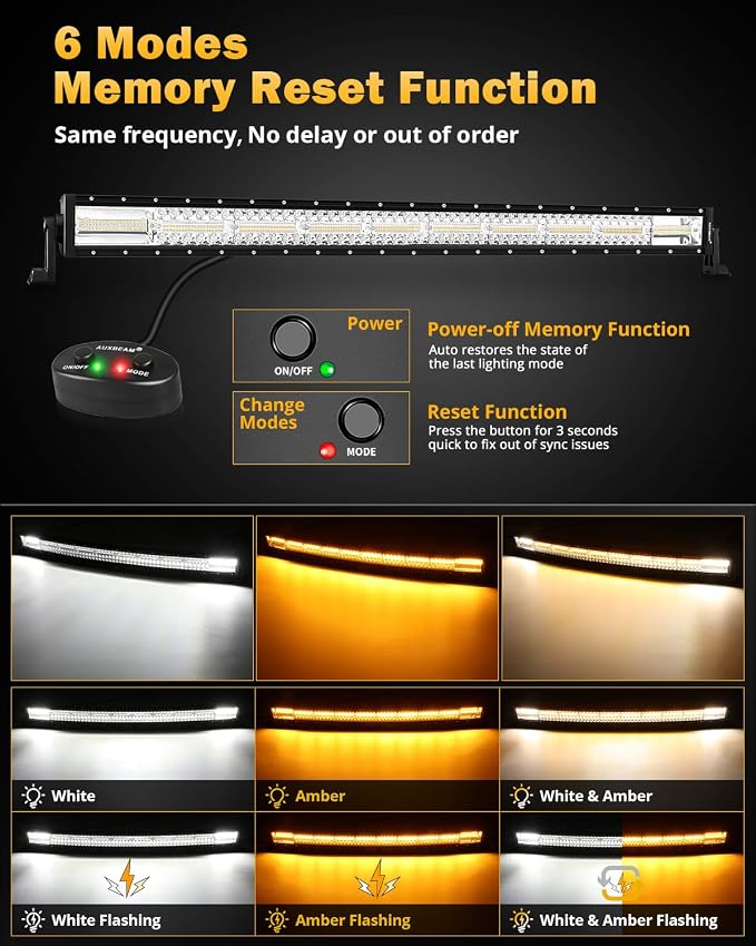 Auxbeam 6 Modes Amber White Series 42-Inch 240W Curved LED Light Bar | Flashing warning strobe light, Spot flood combo offroad light, Dual color auxiliary off-road lighting, for Truck 4WD Jeep
