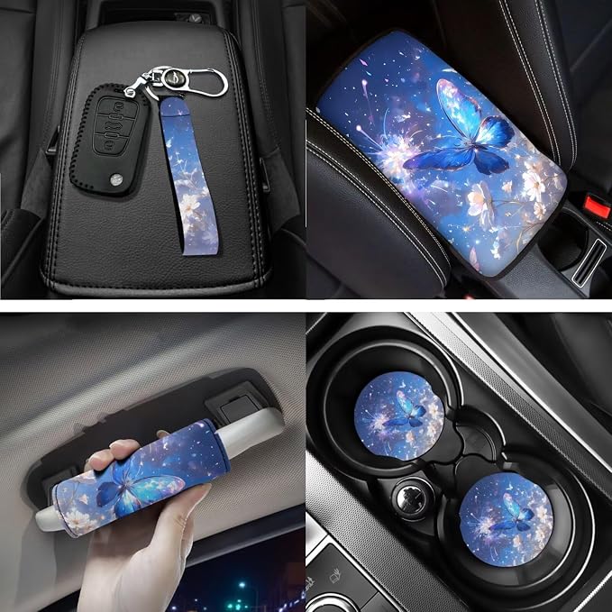 18 Pcs Blue Butterfly Car Interior Accessories Set for Women, Car Seat Covers Full Set with Floor Mats Steering Wheel Cover Armrest Pad Seat Belt Pads Handle Wraps Keychain Cup Coaster