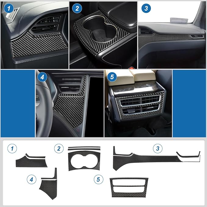 Real Carbon Fiber Interior Trim Kit Compatible with 2012–2020 Tesla Model S & 2016–2020 Model X – Dashboard Panel Trim, Cup Holder Trim, AC Air Vent Trim, Interior Decor Sticker Accessories