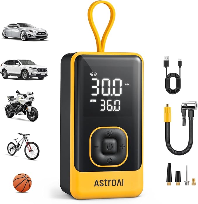 AstroAI L7 Air Tire Inflator Portable Air Compressor, 150PSI Electric Cordless Car Pump with Digital Gauge, Fast 1-Min Inflation, Auto Shutoff, LED Light for Car, SUV, Motorcycle & Bike Tires, Yellow