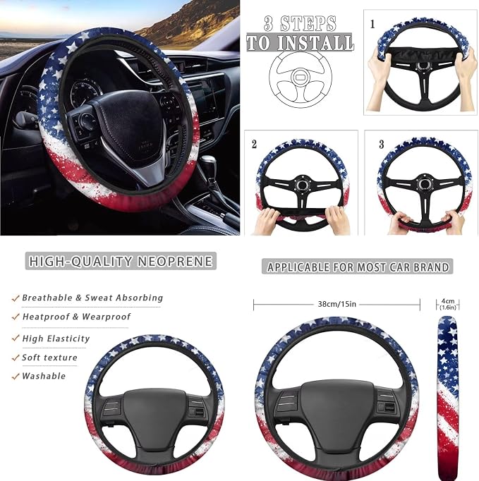 AFPANQZ Car Seat Covers Full Set 11 Piece, American Eagle 250 Years Steering Wheel Cover Gear Shift Knob Cover Handbrake Cover Seat Belt Shoulder Pads Cup Holder Universal Fit