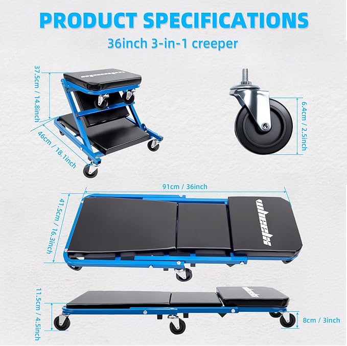 Mechanic Creeper 36 inches 3-in-1 Mode Z Seat 340lbs Capacity, Foldable Garage Adjustable Rolling Folding with 6pcs Wheels Roller, Lay Down Sit Lean Back, Under Car Auto Repair, Blue, Man Gift