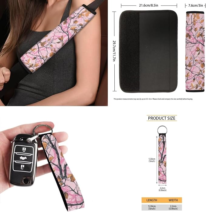 Pink Auto Interior Accessories Camo Leaves Car Seat Covers with Auto Steering Wheel Cover Seat Belt Covers Car Trash Can View Mirror Cover Coaster Keychains
