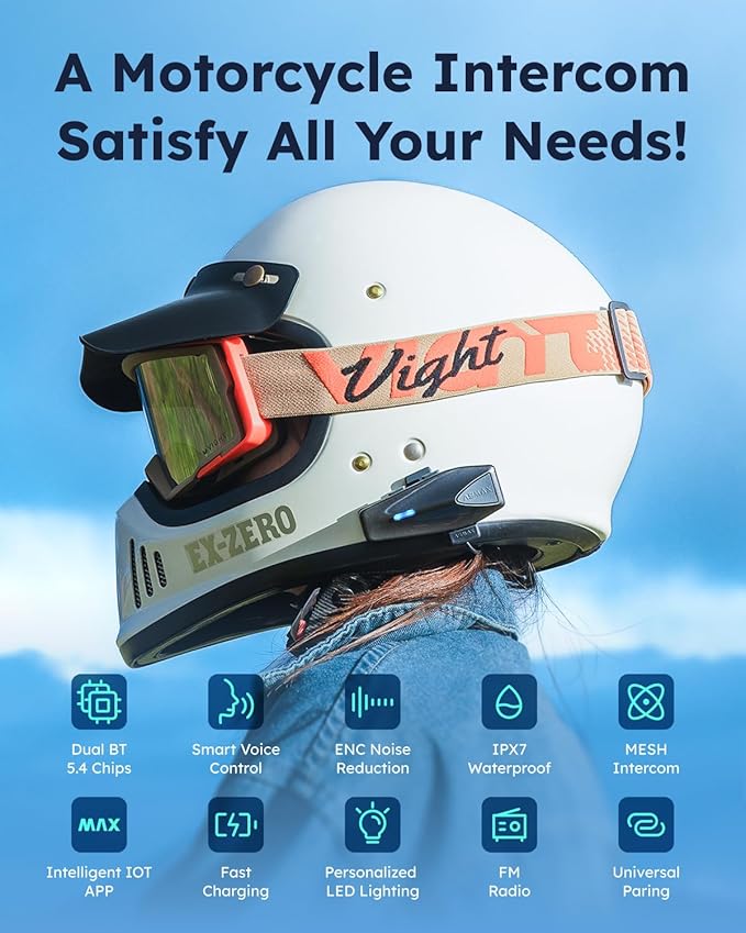 ASMAX S1 Motorcycle Bluetooth Headset with Smart Voice Control, Mesh Helmet Communication Systems, Noise Cancellation/Waterproof/FM Radio/FOTA Update, 8 Riders Intercom Fit for Snowmobile/Ski, 2 Pack