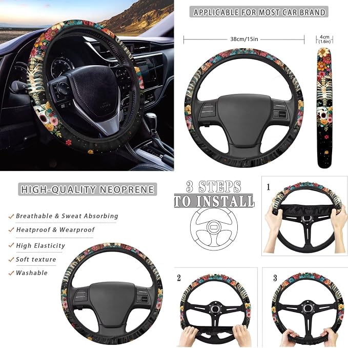 Howilath Hippie Flower Skull Auto Front Seats Protector Auto Accessories with Center Console Cover+Steering Wheel Cover+Seatbelt Pads+Keychain+Coasters Set of 10 Fit Most Vehicle