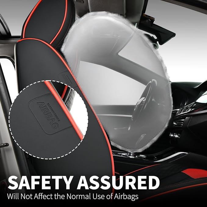 FLORICH Car Seat Cover Full Seats with Waterproof Leather, Car Seat Protectors with Storage Pocket, Airbag Compatible, Universal Seat Cover Fit for SUV, Sedan, Vans, Trucks- Black&Red Line