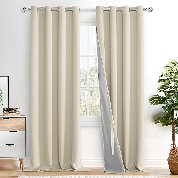XWZO 100% Blackout Curtains - Heat and Full Light Blocking Drapes with Black Liner for Bedroom/Laundry Room, Grommet Top Large Window Panels with Tiebacks, Beige, W52 x L108, Set of 2