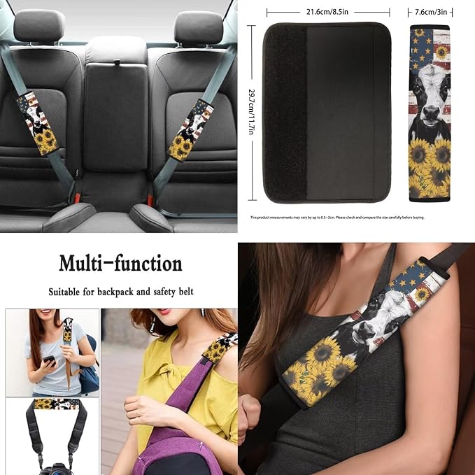 12 Pcs Cow Sunflower American Flag Car Seat Covers Full Set for Women Men,Independence Day Patriotic USA Flag Auto Seat Protection +Steering Wheel Cover+Keyring Armrest Pads+Seatbelt Pads