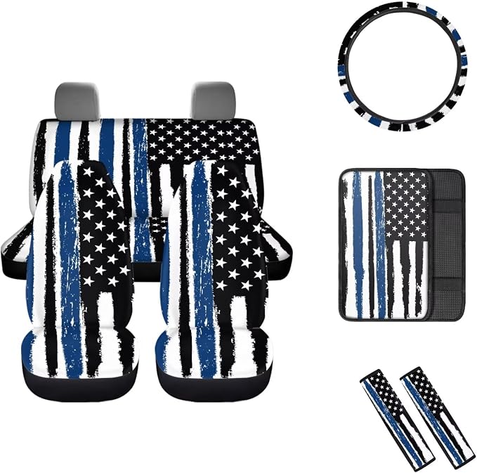 Mumeson Flag Patten Car Accessories Car Front and Rear Seat Covers Protector with Steering Wheel Cover + Seat Belt Covers Shoulder Pads + Car Armrest Cushion Pad Car Accessories