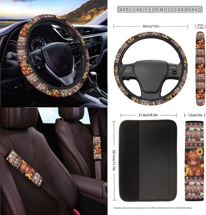 Aztec Tribal Geometric Pattern 15 PCS Interior Decoration for Car, Highland Cattle Sunflower Car Seat Covers Full Set Seat Belt Pads Coasters Car Trash Can Air Vent Storage Bag Keychain