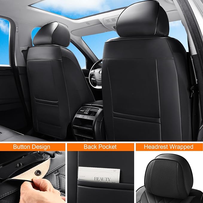 Full Coverage Car Seat Covers Full Set Waterproof, Luxury Leather Automotive Seat Covers Car Seat Protector, Front & Rear Seats Cover Sets Universal Fit for Most Vehicles Sedans SUVs, Black