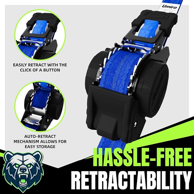 Retractable Ratchet Straps, 4-Pack, 1 Inch x 12 Feet Heavy Duty Tie Downs, 1760lb Break Strength, Self Retracting for Truck, Cargo, Trailer, Motorcycle, ATV, UTV (Blue, 4pack)