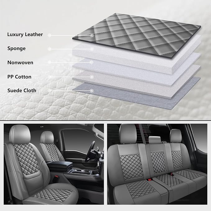 F150 Seat Covers 2015-2026 Full Set, Truck Interior Sets with Lumbar Support Custom Fit for Ford F150 2015-2026, F250/F350/F450 2017-2026 Super Duty Crew Cab XLT XL Lariat Platinum, Gray