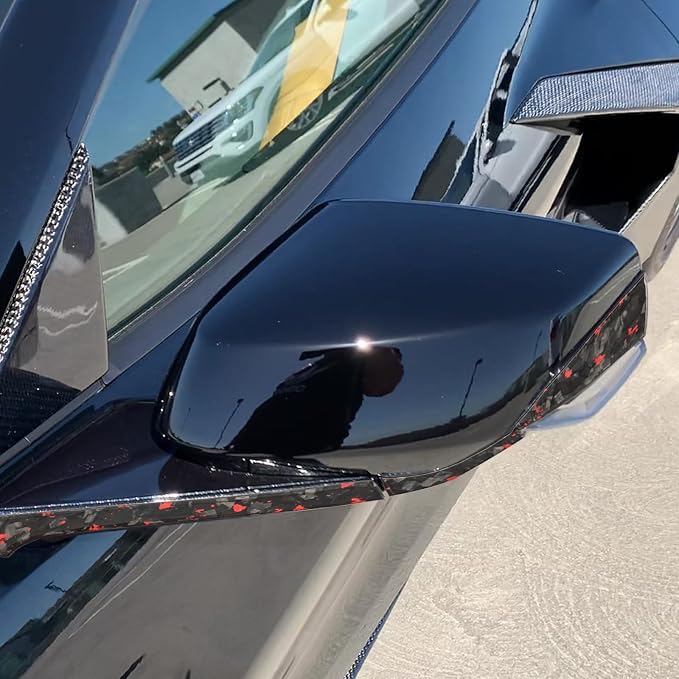Red Forged Style Real Carbon Fiber Mirror Cover Trim Compatible with Corvette C8 2020-2026, Side Rearview Mirror Cap Trim, Exterior Decor Sticker Accessories