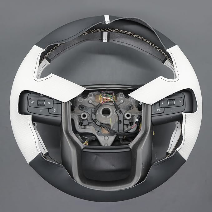 MEWANT DIY Stitched White Leather Steering Wheel Wrap Cover for GMC Sierra 1500 2019-2023 / Sierra 1500 Limited 2022 / Sierra 2500 2020-2024 / Sierra 3500 2020-2024 / Yukon (XL) 2021-2023 Accessories