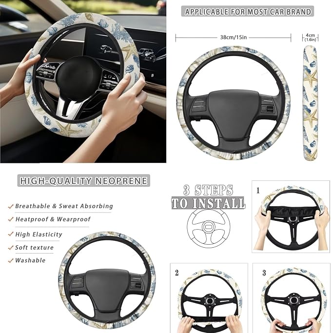 Beach Starfish 15 PCS Car Seat Cover Set with Auto Steering Wheel Cover Seat Belt Strap Protector Cup Holder Trash Bag Rear View Mirror Protector Keychain