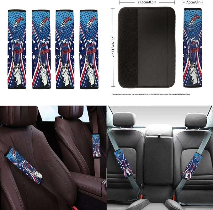 Statue of Liberty Print Car Seat Covers Front and Back Full Set 250 Year Decorative Headrest Covers Steering Wheel Cover Safety Belt Pads Armrest Cushion and Cup Coasters