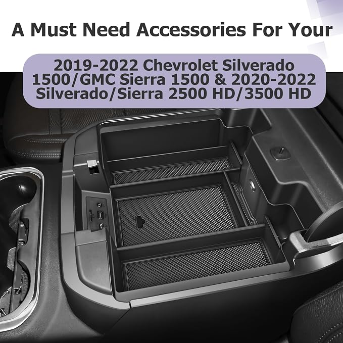 LUWU Center Console Organizer Compatible with 2019 2020 2021 2022 Chevy Silverado/GMC Sierra 1500 & 2020 2021 2022 Chevrolet Silverado/Sierra 2500HD 3500HD Black (ONLY for Full Console w/Bucket Seat)