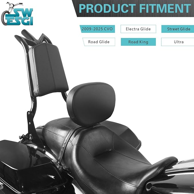 Detachable Adjustable 24” Sissy Bar Passenger Backrest Fit for Harley Touring | 2009-2026 Street Glide Road Glide Road King Electra Glide Gloss Black