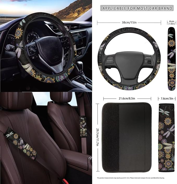 Boho Mandala Dragonfly Print Car 15pcs Accessories, Front and Back Seat Covers for Cars Steering Wheel Pad Seat Belt Cushion Trash Can Coasters Universal Fit
