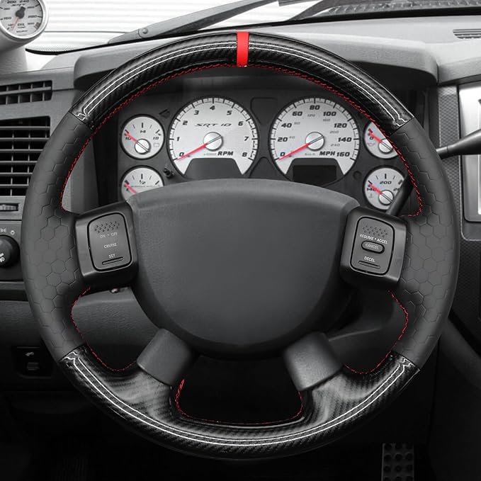 MEWANT Steering Wheel Cover for Dodge Ram 1500 2500 3500 2004-2008 Carbon Fiber&Microfiber Leather Steering Wheel Wrap