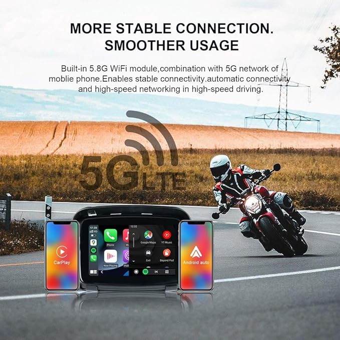 Sunweyer Portable Carplay Wireless Android Auto for Motorcycle,5 Inch IPX7 Waterproof Touchscreen,Auto GPS Navigation,5G Dual Bluetooth,Support Siri/Google Assistant