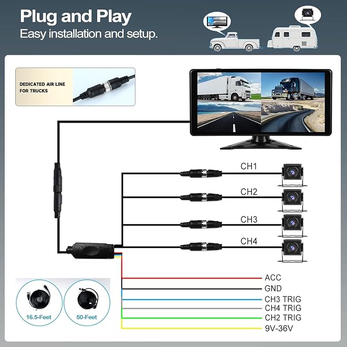 10.36" 4K RV Backup Camera System DVR Recording Quad Split Touch Screen Monitor, 4X 1080P Full Color Night Vision IP67 Waterproof, Parking Mode, Bluetooth, FM, 9-36V for RV Truck Trailer Tractor