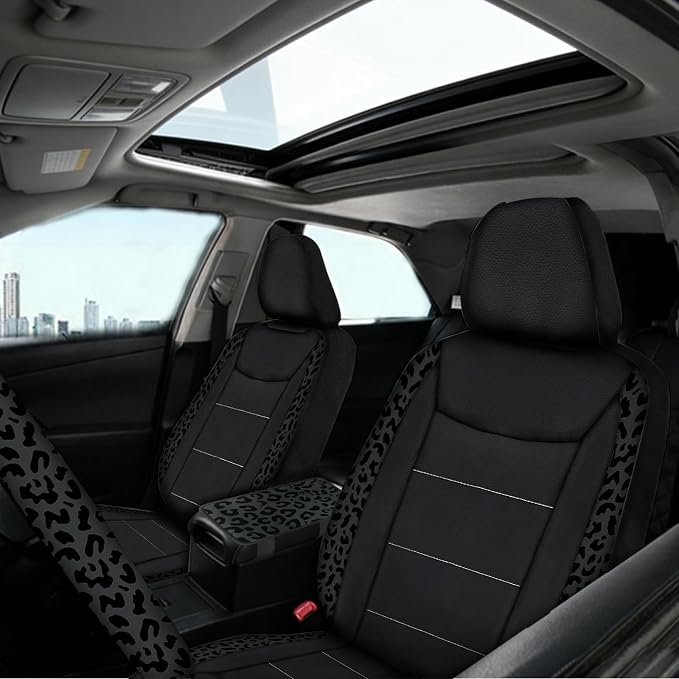 23 Pcs Leather Car Seat Cover Full Set for Women,Universal Car Seat Cover,Print Printing Car Steering Wheel Cover Center Console Armrest,Sunglass Holder Accessories Full SUV(Black leopard print)