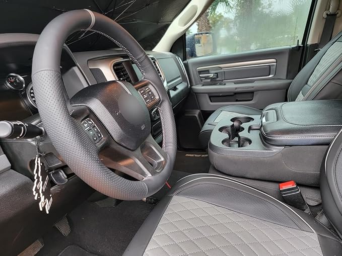 MEWANT Hand Sew Grey Stripe Black Genuine Leather Steering Wheel Wrap for Dodge RAM 1500 1500 Classic 2500 3500 5500