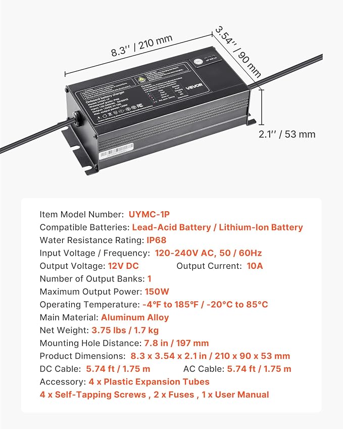 VEVOR Marine Battery Charger, 1-Bank, 10A 12V Onboard Boat Charger, IP68 Waterproof Smart On-Board Battery Charger, for Lithium-Ion (LiFePO4), NCM, Lead-Acid Batteries, Large Boat, Yacht, RV, Trailer