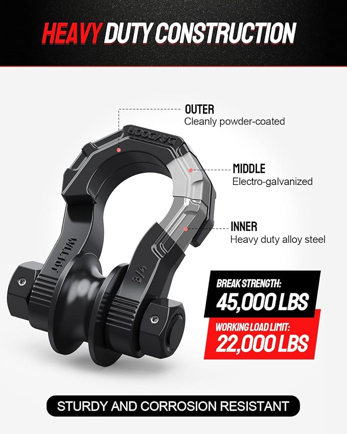 DAYDOOR D Ring Shackles with Snatch Block, 45,000Lbs Break Strength Towing Winch Shackle, 3/4" Heavy Duty Shackles with 7/8" Screw Pin for Off Road Vehicle Recovery(2 Pack, Black)