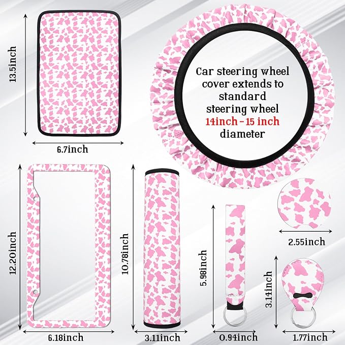 23 Pcs Leather Car Seat Cover Full Set for Women,Universal Car Seat Cover,Print Printing Car Steering Wheel Cover Center Console Armrest,Sunglass Holder Accessories Full SUV(Pink Cow)