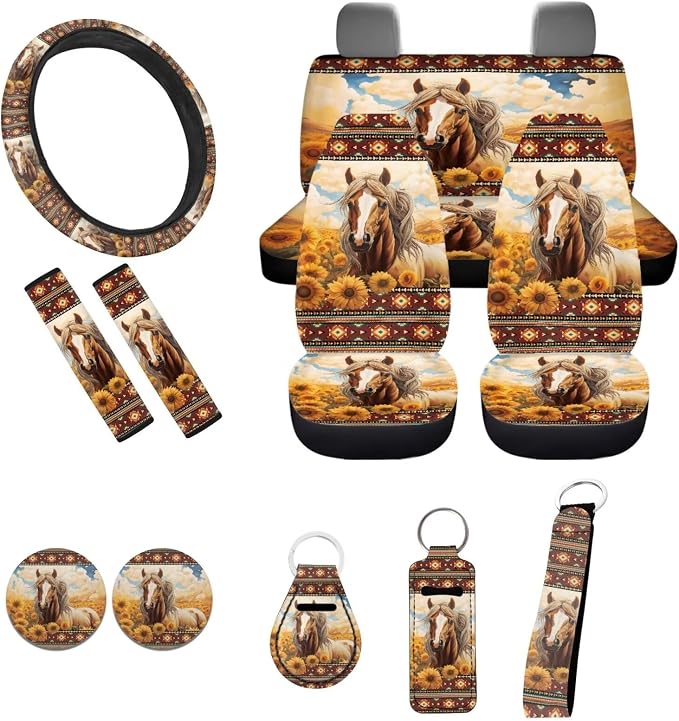 Aztec Horse Sunflower Car Seat Covers Split Seat Cover 11Pcs Horse Car Accessory Interior Full Set with 15Inch Neoprene Steering Wheel Cover Seatbelt Pads Lanyard Keychain Seatbelt Pads