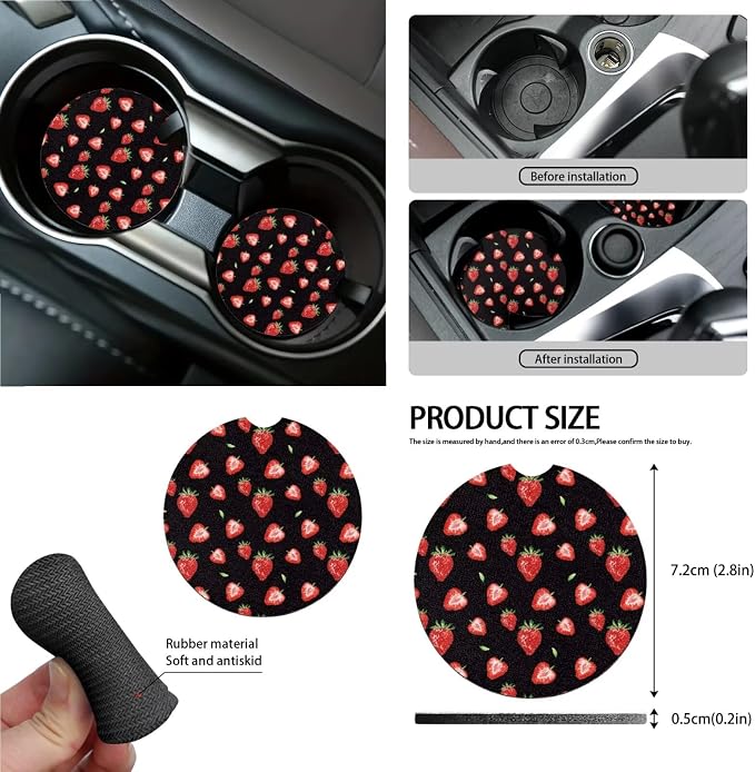Strawberry Print Car Seat Covers Full Set with Accessories for Women, Decorative Auto Accessories Include Steering Wheel Cover Safety Belt Pads Rearview Mirror Cover Cup Mats