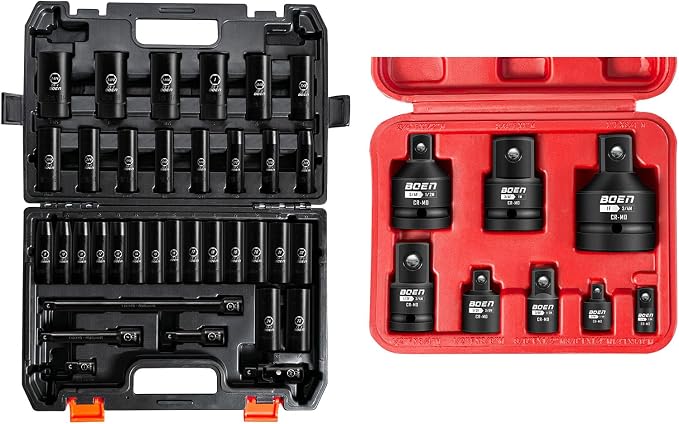 BOEN 43 Piece Set, Including 1/2" Drive Deep Impact Socket, 1/4" 3/8" 1/2" 3/4" Drive Socket Adapter Set with Durable Case, Black Manganese Phosphate Coating
