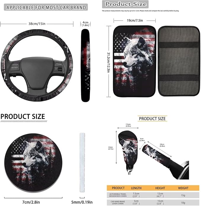 Lotusorchid Wolf Forest Print Car Accessories Full Set American Flag Print Car Front Back Seat Covers Safety Belt Pads Headrest Cover Armrest Pad Gear Shift Knob Protector Cup Holder Coaster