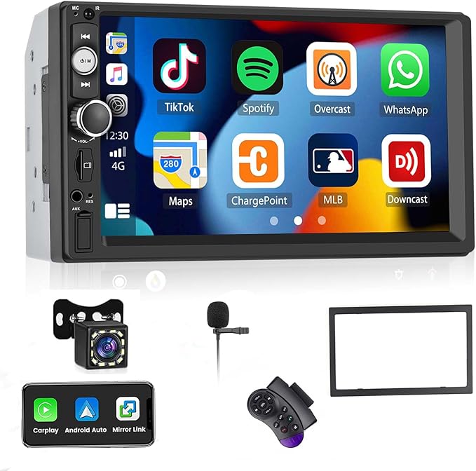Double Din A-pple CarPlay Car Stereo with Carplay Android Auto,Bluetooth,7" HD Touchscreen 2 Din Car Radio Car Multimedia MP5 Player AUX/USB/TF Card Input Mirror Link,FM,SWC+12 LEDs-Backup Cam Mic USB