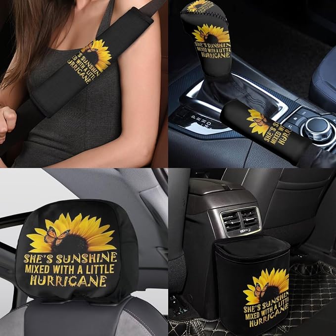 BIGCARJOB Sunflower Car Accessories Set 15 Pack She's Sunshine Sunflower Car Seat Covers Full Set,Sunflower Car Headrest Cover,Steering Wheel Cover,Car Trash Can,Seat Belt Pads