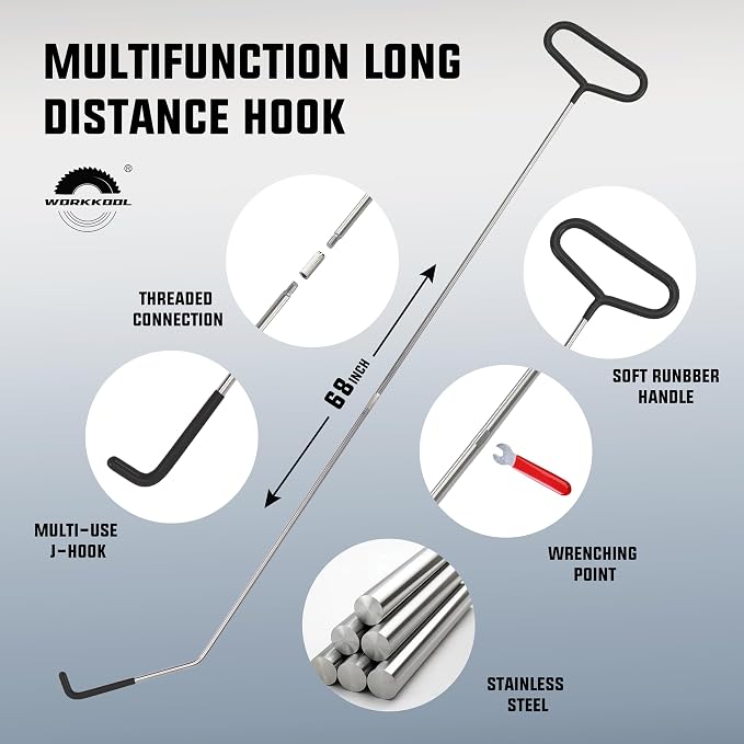 WORKKOOL 26PCS Car Tool Kit with Stainless Steel Assorted 5th Wheel Pin Puller,68 inches Long Distance Puller Hook, Air Wedge and Magnetic Pickup Tool with Flashlight