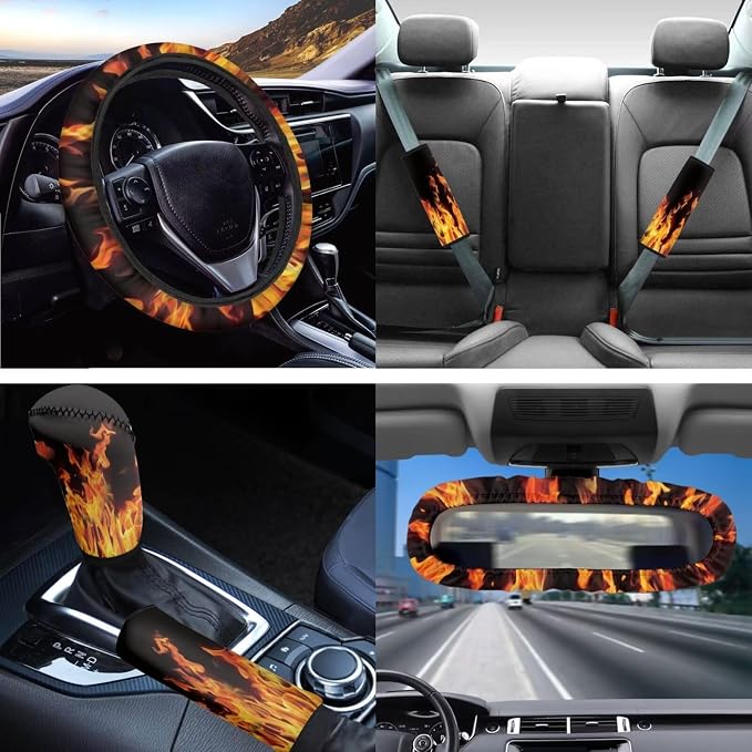 14Pack Orange Fire Flame Car Seat Covers,Neoprene Auto Steering Wheel+Seatbelt Pads Handbreak Cover Vehicle Coasters+Brown Cowhide Keychain+Vehicle Interior Mirror Cover Accessory