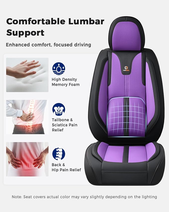 Huidasource Front Car Seat Cover Luxury Nappa Leather, Leather Front Seat Covers with Airbag, Front Storage Pocket, Lumbar Support, Cooling＆Heating Universal Fit for Most Cars SUV Trucks, Black&Purple