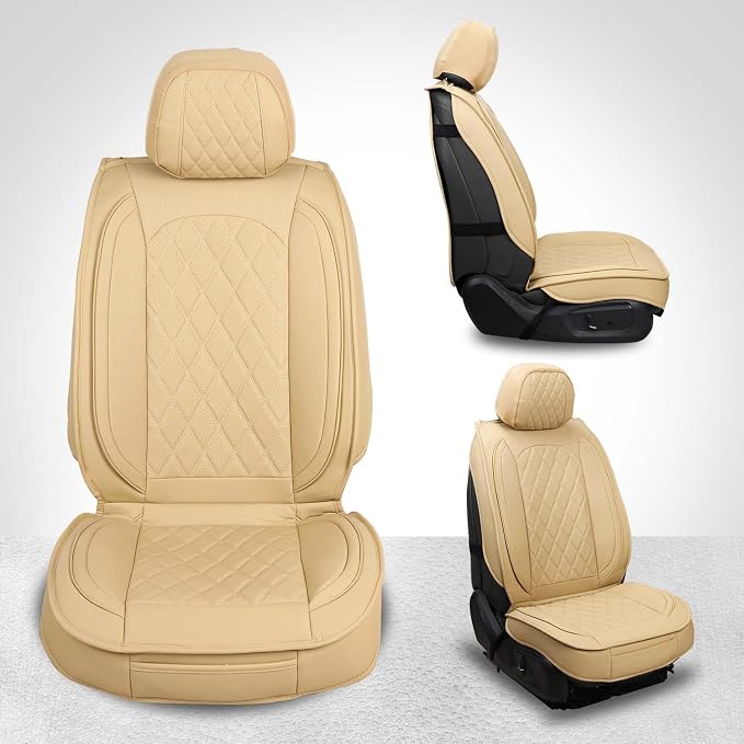 MIROZO Seat Covers Full Set, Leather Car Seat Covers Breathable Car Seat Protector Waterproof Automotive Seat Covers Non Slip Front & Rear Seat Cover Universal Fit for Most Sedan Truck and SUV (Beige)