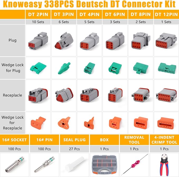 Knoweasy 338pcs DT Deutsch Connector Kit with 30 Pairs Size 16 DT Deutsch Connector Terminal Kit